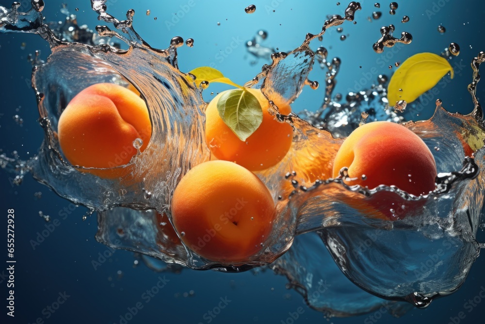 Poster fresh peaches being dropped into a glass bowl, creating a splash. ideal for food and beverage concep