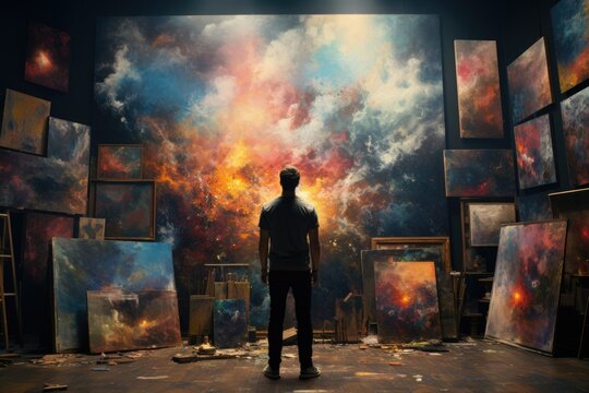 A man standing in front of a large painting. This image can be used to depict art appreciation, gallery visits, or the contemplation of artwork.