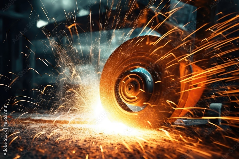 Poster a close-up view of a person using a grinder. this image can be used to depict industrial work, metal