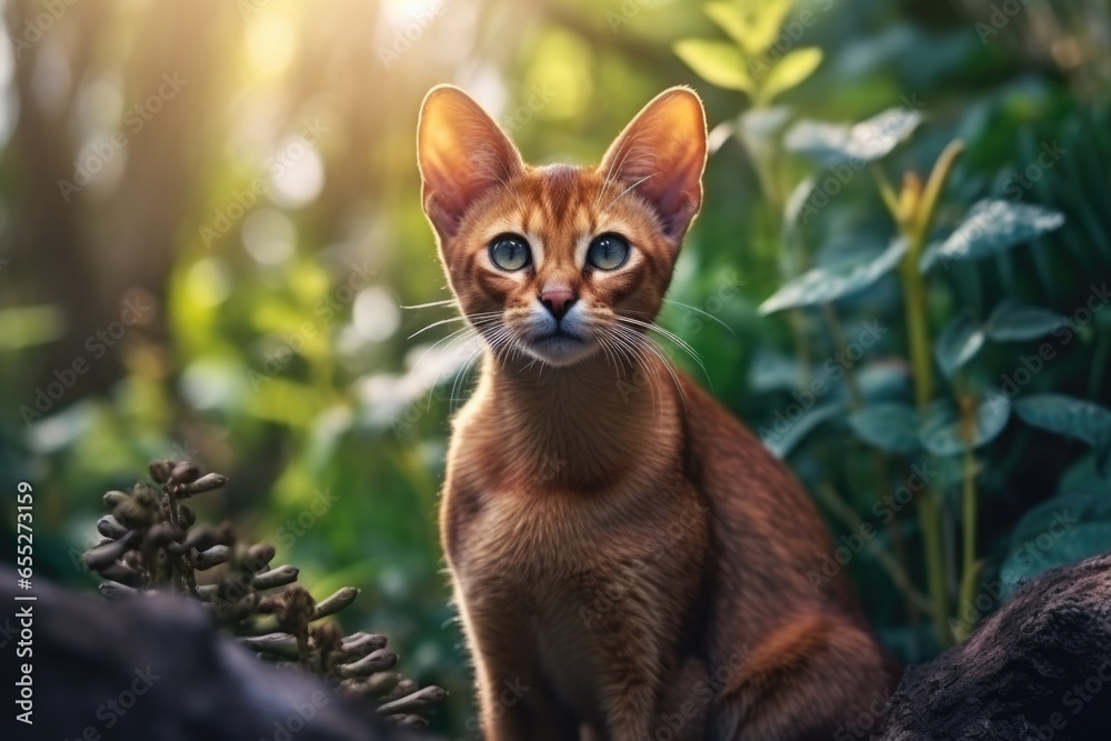 Aufkleber A cat is pictured sitting on top of a rock in a serene forest setting. This image can be used to depict nature, animals, or tranquility in various design projects.