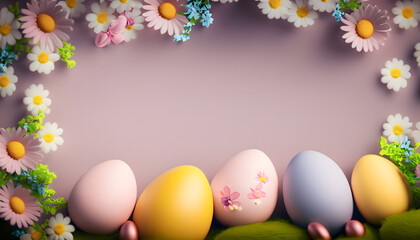 Fototapeta na wymiar A charming Easter composition featuring colorful eggs and blooming flowers, with ample copyspace on the side