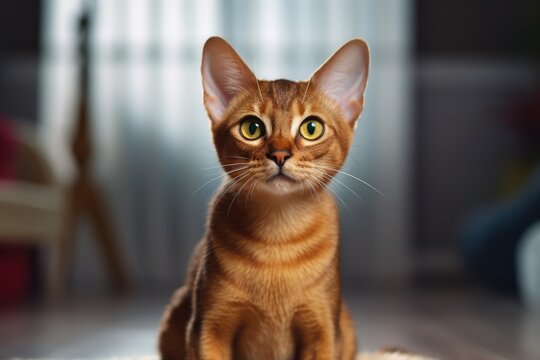 A cat sitting on a rug, looking directly at the camera. This image can be used in various contexts, such as pet care, home decor, or animal photography.