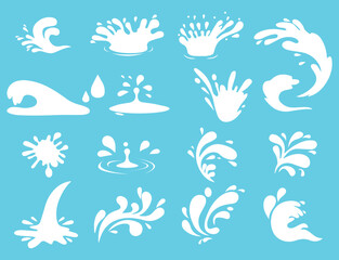 Fototapeta na wymiar Water drops, black sea ocean waves stencil, Liquid elements, cry droplet icons, Ink, sauce, river isolated splashes in white color on blue background