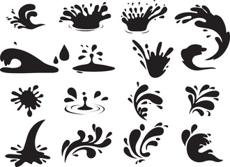 Water drops, black sea ocean waves stencil. Liquid elements, cry droplet icons vector set. Ink, sauce, river isolated splashes in black color
