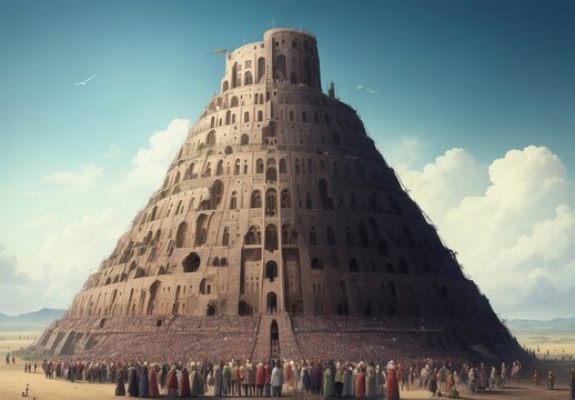 The Tower of Babel with a multitude of people a