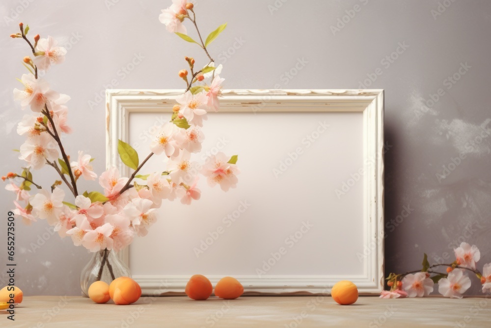Poster A picture frame and some oranges placed on a table. Suitable for home decor or food-related themes.