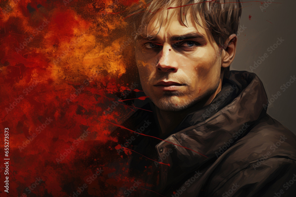 Poster A painting of a man against a vibrant red background. This picture can be used to add a bold and striking element to any design or artistic project.