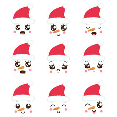 Vector collection of cute snowman faces in kawaii style.Vector drawings of a snowman with a set of different emotions. Winter holidays, Christmas and New Year. Design.