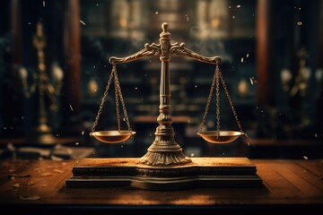 A wooden table with a scale of justice placed on top. This image can be used to represent the concept of justice, law, and legal proceedings. Perfect for legal websites, blogs, and articles. - obrazy, fototapety, plakaty
