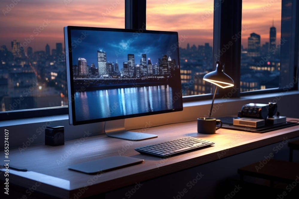 Poster a desktop computer placed on a wooden desk. perfect for illustrating technology, workspaces, and off