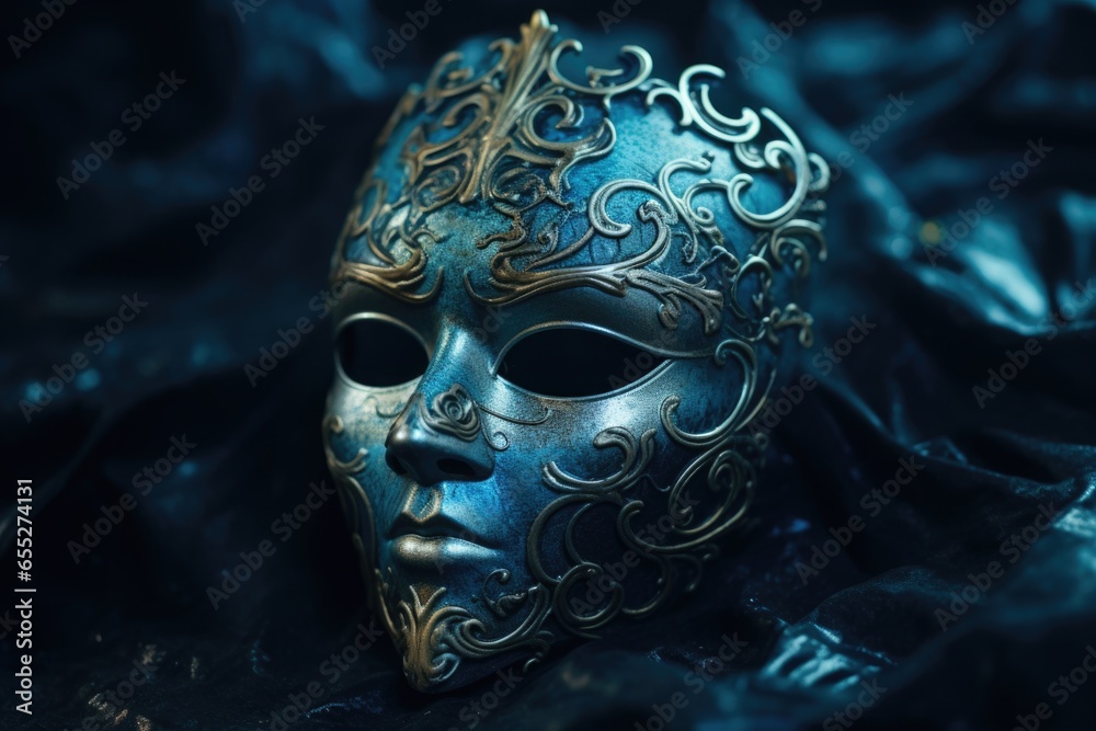Poster a silver mask rests on a black cloth, creating a mysterious and elegant atmosphere. perfect for masq