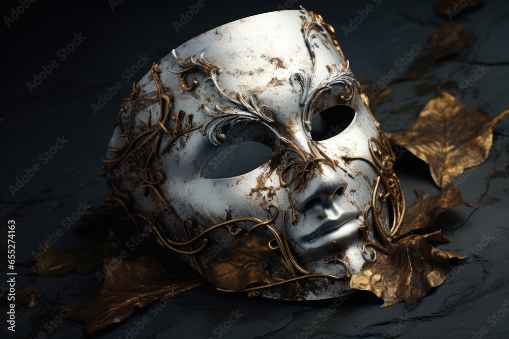 Poster A white mask is sitting on top of a pile of leaves. This image can be used for various themes and concepts.