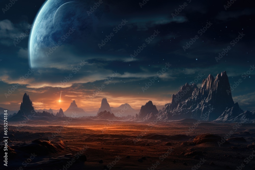 Poster an otherworldly landscape featuring a planet in the distance. this image can be used to depict a fut