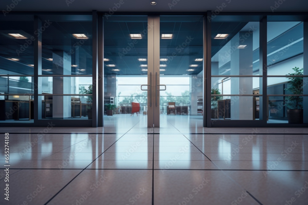 Poster a large open glass door in a building. this versatile image can be used to depict entrances, modern 