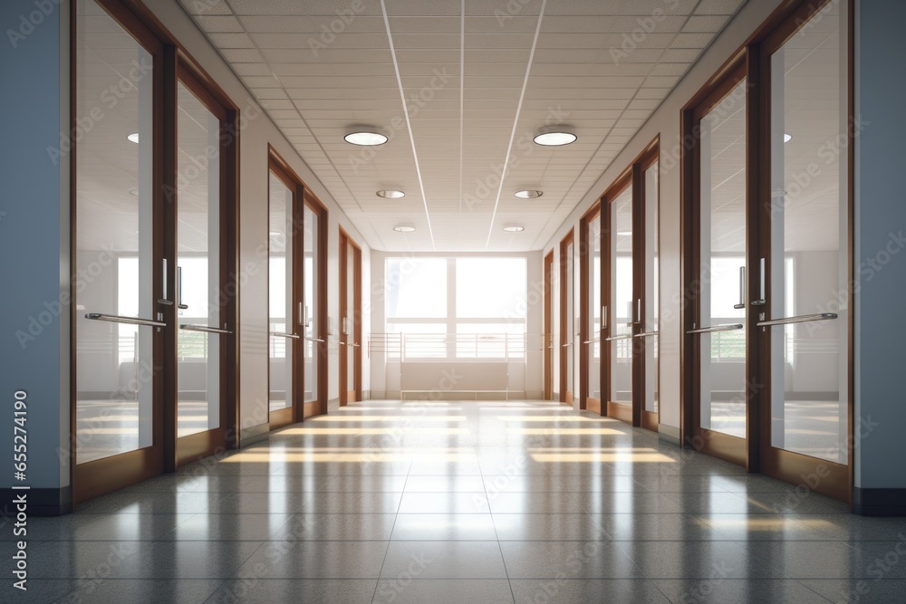 Poster a picture of a long hallway with multiple glass doors. this image can be used to represent modern of