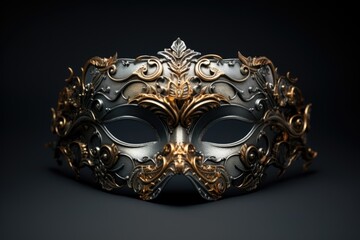 A silver and gold masquerade mask is depicted on a black background. This elegant and mysterious image can be used for various occasions and events.