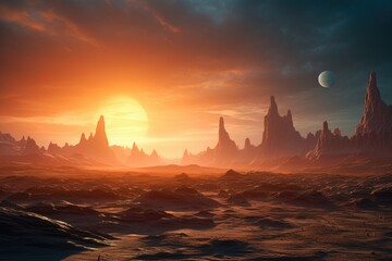 A beautiful desert landscape with the sun setting in the background. Perfect for nature and travel themes.