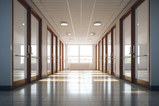 A picture of a long hallway with multiple glass doors. This image can be used to represent modern office buildings, hotels, or corporate spaces.