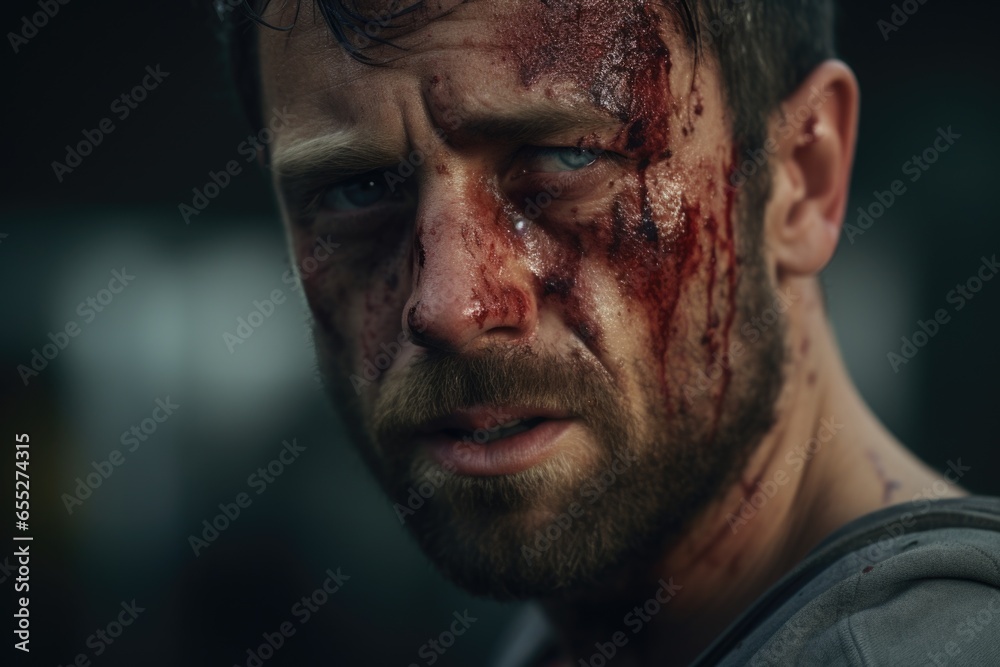Poster a close-up view of a man with blood on his face. this intense image captures the raw emotion and dra