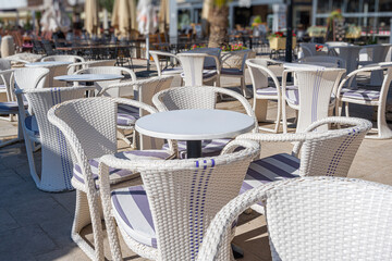The interior of an open-air restaurant on the seashore. Adriatic Sea.