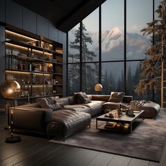 modern living room with a large soft leather sofa, soft carpet, evening lighting, large floor-to-ceiling windows overlooking the snow-capped mountains. Minimalism, relaxation in a country house.