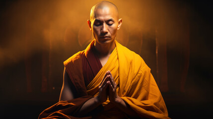 Asian monk in a Buddhist temple. Religious concept. Enlightenment. 