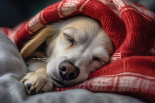 A close-up photo of a dog wearing a Santa hat with a cozy blanket draped over its back. Warm holiday atmosphere