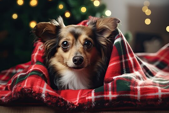 A close-up photo of a dog with a cozy red blanket draped over its back. Blurry Christmas tree on a background
