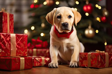 A Labrador Retriever pup playing with a Christmas present in a living room adorned with festive decorations. Holiday photo