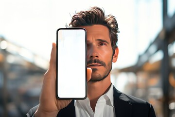 person holding a phone, mockup of person holding a mobile phone with blank screen