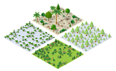 Isometric 3d illustration park trees forest nature elements - obrazy, fototapety, plakaty