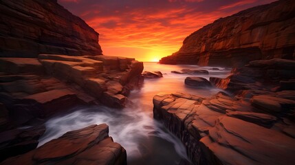 Fototapeta na wymiar Beautiful seascape with red sandstone cliffs at sunset.