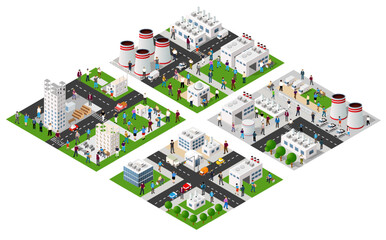 Isometric 3D city module industrial urban factory which includes buildings