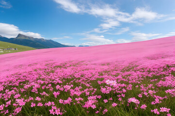 Fototapeta premium tiny, small pink flowers growing in green grassland, natural beauty