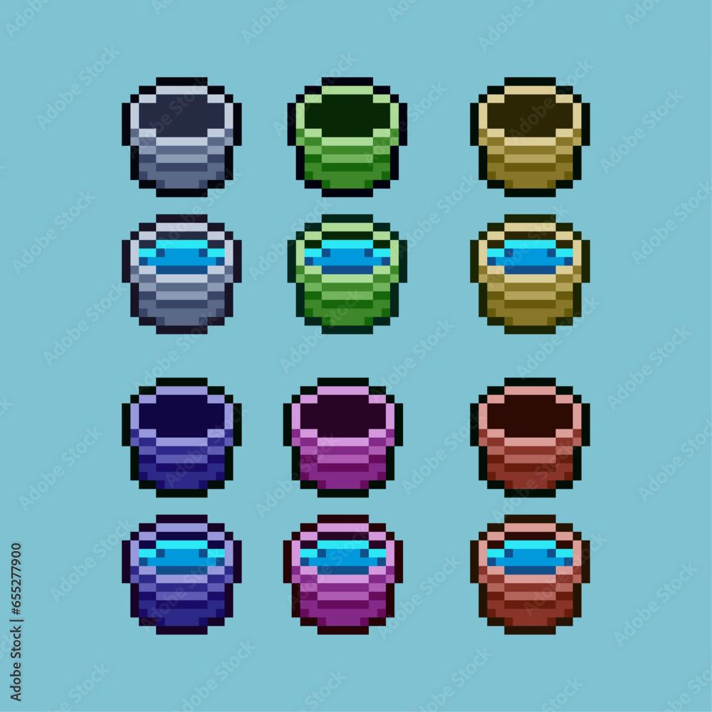 Leinwandbilder pixel art sets of empty and water bucket with variation color item asset. simple bits of bucket on p
