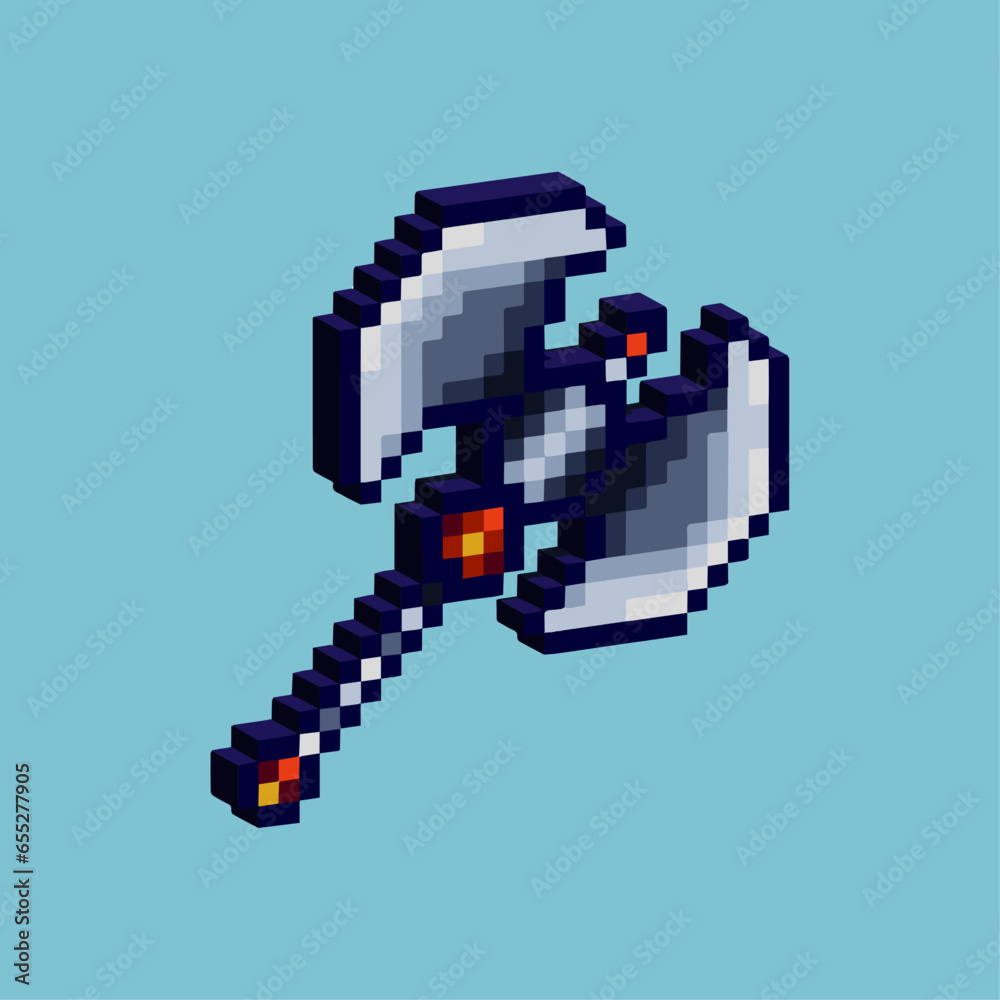 Poster isometric pixel art 3d of axe weapon viking for items asset. axe weapon on pixelated style.8bits per
