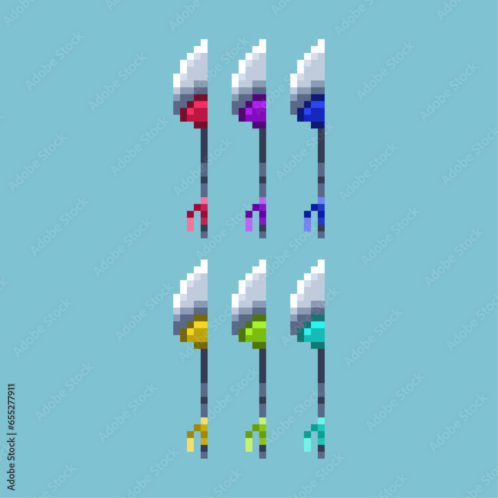 Poster pixel art sets of lance weapons with variation color item asset. simple bits of lance soldier swrod 
