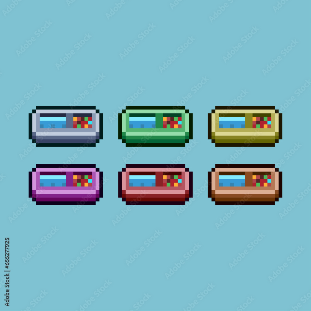 Poster pixel art sets of dog plate with variation color item asset. simple bits of food and water for dog o