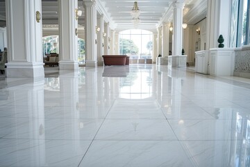 The floors are luxurious, light tones, and sunlight shines in.