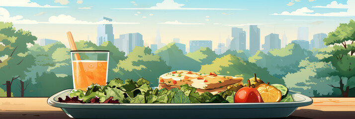 Illustration of an open lunchbox with homemade food prepared in advance, a homemade healthy tasty and fresh lunch in nature, on a picnic, banner