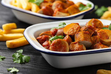 Traditional German currywurst, served with potato chips and sauce