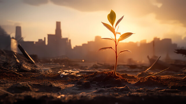 Plant growing on a sand with sunrise