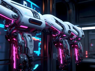 3D rendering of a robot in a futuristic space station with neon lights