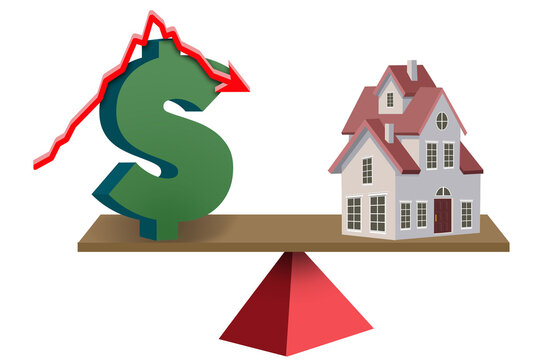A dollar sign and stock market chart arrow balance a home on a teeter totter or seesaw in a 3-d illustration about home equity and when to buy or sell a home.