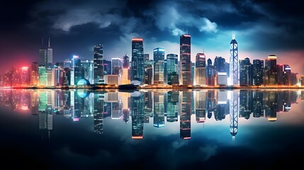 Panoramic view of the modern city at night with reflection in water