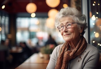 Portrait of a cheerful elderly lady at a restaurant - obrazy, fototapety, plakaty