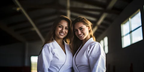Foto auf Acrylglas Two laughing girls in judo suits laugh during sports training © overrust