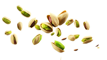 Flying delicious pistachios. Isolated on Transparent background.