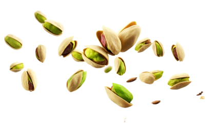 Flying delicious pistachios. Isolated on Transparent background.