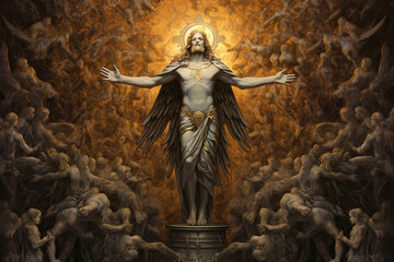 Culture and religious concept. Jesus Christ and genesis surreal illustration. Sacral fresco or statue Jesus in chaotic background. Small and tiny details, gray and golden coloring. Generative AI - obrazy, fototapety, plakaty